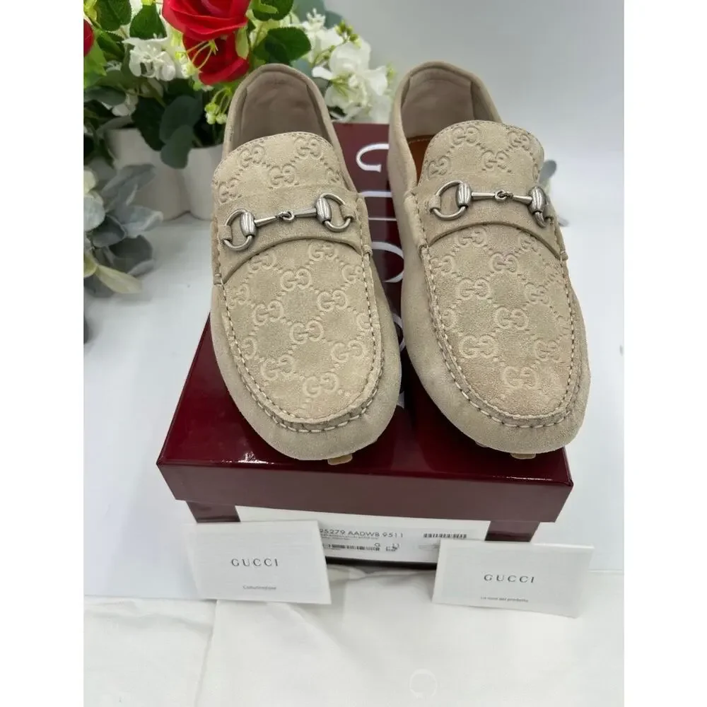 Men's Gucci, GG embossed suede driver loafers size 11 fits 11.5 US made in Italy